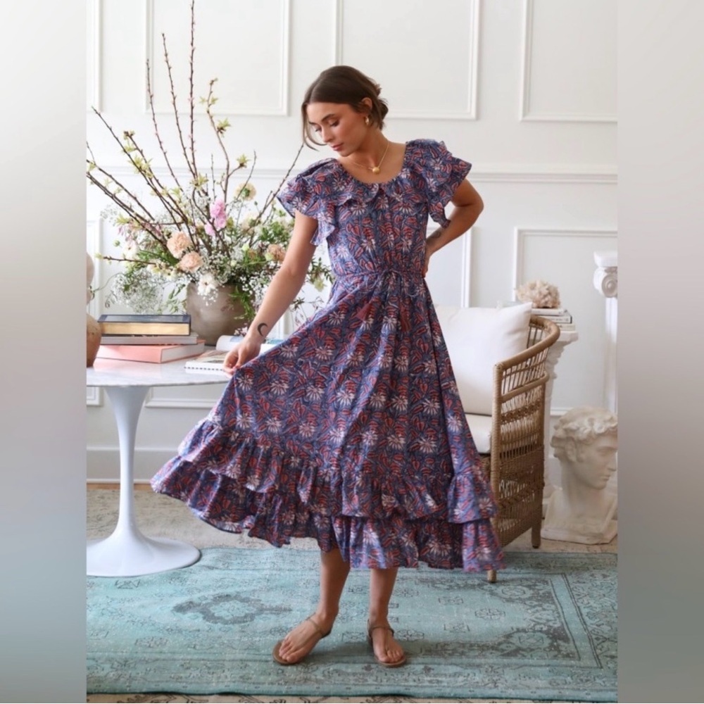 Mille Palma Begonia Block Print Midi Dress XL Boho Floral Tiered Resort